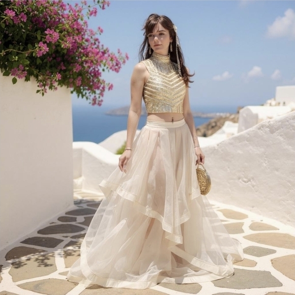 Social Code ✦ Champagne Skirt Set ✦ Sequin Halter Crop + Ruffle Chiffon High-Low - Picture 7 of 16